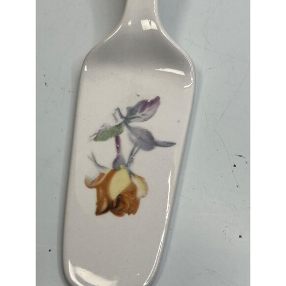 Vintage Porcelain Pie Server Blue Stripe White Brown Rose Floral Cake Slice - Picture 2 of 3